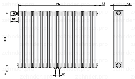 Схема (чертеж) Радиатор Zehnder Charleston 4300/22 №V007 Белый глянцевый RAL 9016